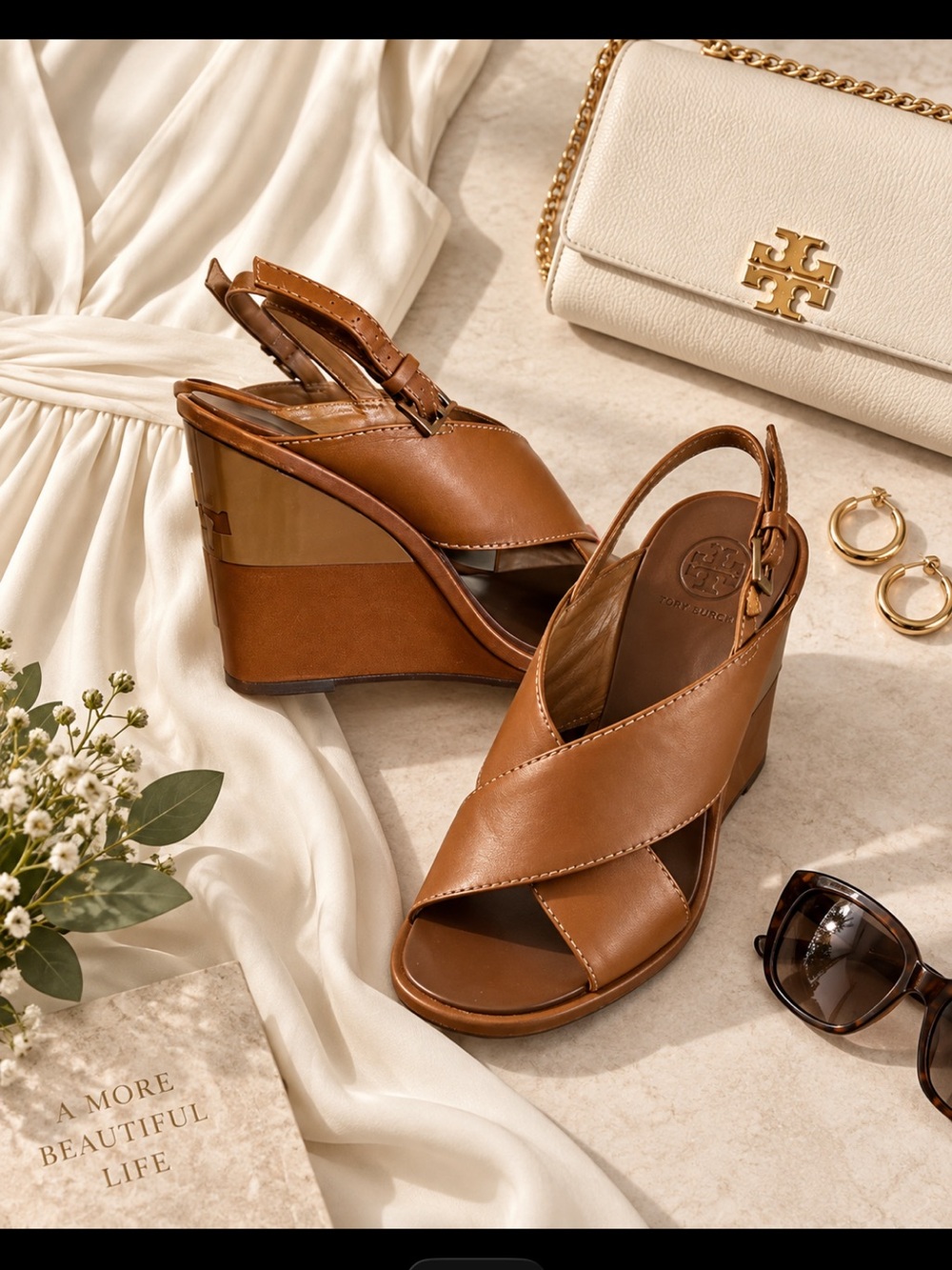 Tory Burch Royal Tan Crisscross Leather Wedge Sandals